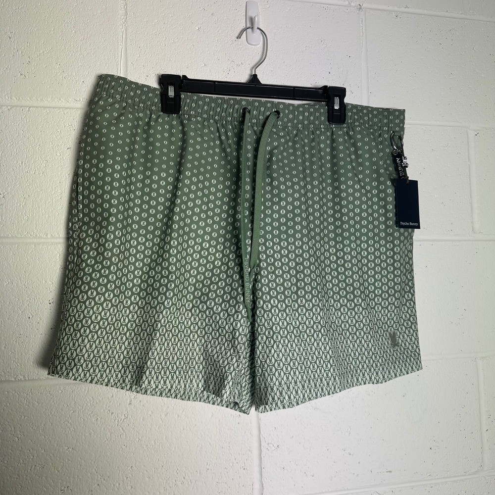 Psycho Bunny Mens Green Logo Print Swim Trunks 3XL XXXL With Bag and Keychain